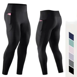 Byxor kompression leggings sport tights ficka hög midja fitness byxor mäns andas höga elastiska nakna känsla sömlösa byxor