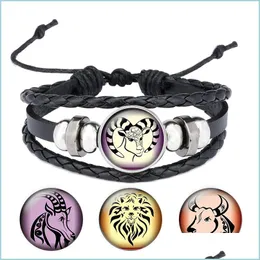 Braccialetti Charm 12 Constellation in pelle Bracciale Zodiaco Sernale Zadiale in vetro fatto a mano Cabochon Black Punk MENS GIOITÀ GIOCHIONE GIOCHIONE DHGARDEN DHQYO