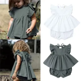 Shorts Kleinkind Baumwolle Leinen Rüschen Tops + Bloomer Shorts Sommer Baby Girl Kleidung Set Prinzessin Girl Outfits Neugeborene Baby Mädchen Kleidung