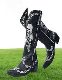 Women Skull Skeleton Selfie Cowboy Western Botas de bezerro médio ponta -taco de ponta do calcanhar empilhada