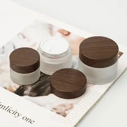 보관 병 50pcs 5G 10G 20G 30G 50G 100G Frosted Glass Cream Jar Cosmetic Plastic Wood Grain Lid Packaging Container 빈 병