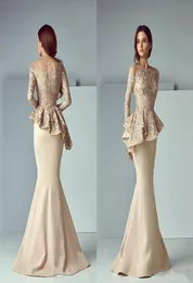 샴페인 인어 Peplum Prom Dresses Jewel Neck Nicker Long Sleeves Lace Applique Zipper Back Party Evening Morther Bride Go7849623