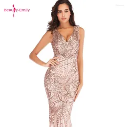 Party Dresses Beauty Emily Long Sexy V Neck Evening Sleeveless Sequins Open Back Bermaid Prom Gowns Falda De Cola Pescado For