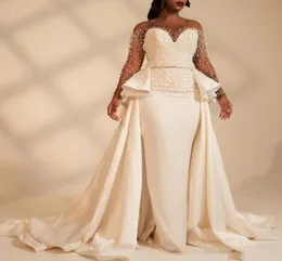 2019 African Plus Size Mermaid Wedding Dresses Luxury Beaded Beaded Beadls with Satin Overkirt Sweep Train Train Vestido de Novia1761043