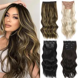 AISI HAIR MANTHETIC 4PCS/Set Long Provy Hair Extensions Clip in Ombre Blonde Dark Brown Dice W2204018438913