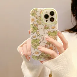 Retro Sweet Spring White Flower Sheep Sheep Art Phone Case Case Case 14 13 12 11 Pro Max 14Plus XR XS Max 8 Plus CASE CUTE COVER