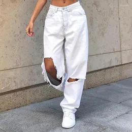 Dżinsy damskie rozerwały letnią talię cienką prostą nogę luźne 2024 Szczupłe drapujące spodnie podłogowe Białe spodnie