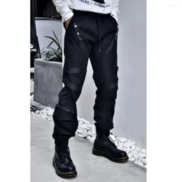 Calça masculina Techwear zíper bolso macacão calma slacks paratrooper de pedestres de espartilho