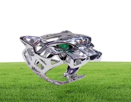 Luxury Green Eyes Zircon Leopard Head 925 Sterling Silver Finger Ring Panther Animal Hollow Party Wedding Silver Jewelry J011284474125028