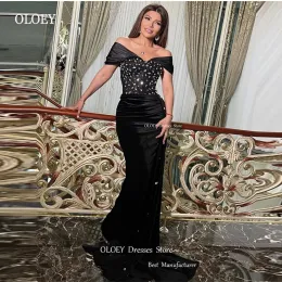 Oloey Sparkly Black Mermaid Prom Dresses Sexy Off the Shoulder Diamond Crystal Velvet Dubai Arabic Women Long Evening Gowns