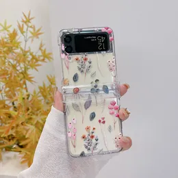 For Samsung Galaxy Z Flip 5 4 3 Case Hand Drawn Flowers Bracelet Transparent Hinge All-inclusive Folding Shockproof Hard Cover