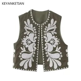 Keyanketian Summer Floral Stickerei aufgelöste Weste Mantel Stammes ethnischer Wind Frauen dünne Stil Ärmel und kurzes Top 240412