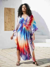 Urban Sexy Dresses 2024 Bohomian Printed Long Slve Kaftan 대형 해변 드레스 하우스 로브 여름 여성 휴가 아늑한 맥시 드레스 Q1634 T240412