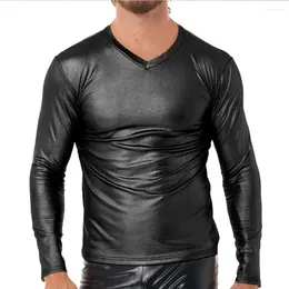 Men's T Shirts Men Black Faux Leather Shirt Plus 6XL 7XL Long Sleeve T-shirts Slim Fit V Neck Top Nightclub Stage Performance Costume
