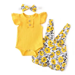 Shorts Baby Girl Summer Clothes Set Fashion Newborn Infant Knitting Cotton Ruffles Romper Shorts Bow Headband 3Pcs For Toddler Outfits