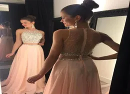 2016 Peach Pink Two piece Evening Dresses A Line with Gold Beads Sequins Crystal Back Zipper Long Chiffon Formal Prom Party Gowns1459124