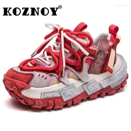 캐주얼 신발 Koznoy 5cm 2024 에어 메쉬 돼지 가죽 가죽 청키지 스니커 플랫 부츠 혼합 컬러 발목 부츠 여름 여자 편안한 패션