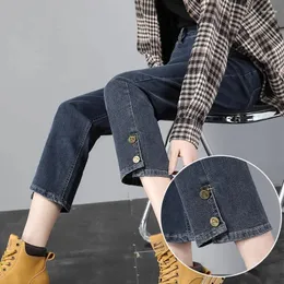 Frauen Jeans neun Punkte hohe taillierte gerade weibliche Federfeder offenes Knopf Design Schlankes und dünnes Rohrbaguette Hosen