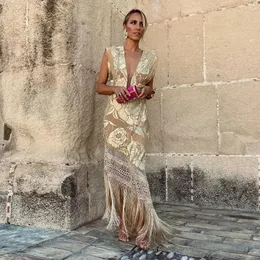 Guldfärg tryckt oregelbundna tofsar klänning sexig lös v halsnätklänningar sommar elegant kvinnlig parti prom vestidos 240412