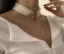 Collane a ciondolo gioiello rosso quadrato designer leggero luce semplice temperamento imitazione perla clavicola a catena fatta a mano Multilayer Be5688508