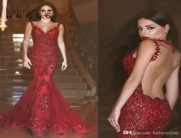 NYA ARABISKA Bourgogne Mermaid Prom Dresses Charming Red Long Sequin Sheer Crew Neck Lace Applique Formell illusion Back Evening Gown6001024