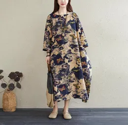 Spring Summer Vintage Printed Dresses Women Cotton Linen Loose ONeck Collar CalfLength Chinese Style Clothes Casual7011345