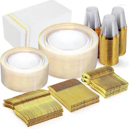 Disposable Dinnerware 350pcs Clear And Gold Plastic Plates-Disposable Plates With Trim For 50 Guests-50 9inch 6.3inch