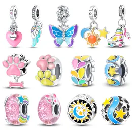 Novo brilho prateado de 925 esterling no escuro Butterfly Path Heart Charms Beads pendente FIT PANDORA ORIGINAL BRACELES