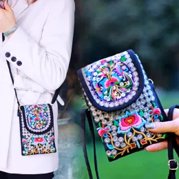 Lady Cell Phone Bag Crossbody Shoulder Wallet Purse Handbag Pouch Ethnic Style Embroidered Bag Flip Canvas Bag Retro Small Bolsa