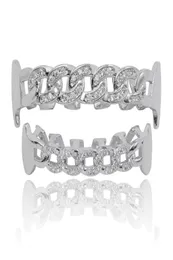 Yeni Özel Uyum Tamamen CZ Küba Fang Grillz Icedout Bling Hip Hop Dişleri Izgara Üst Alt Alt Grillz Set Zincir Vampir Grills1012106