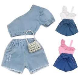 Shorts 2021 Baby Summer Clothing Girl Set a due pezzi, Kid Shole Tops a spalla Shorts strappata in denim con tasche per bambini