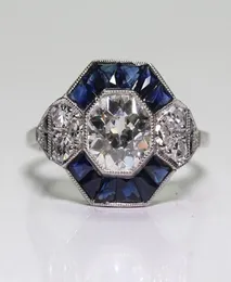 Anticzna biżuteria 925 Srebrna Diamond Sapphire Sapphire Wedding Empagandation Art Deco Ring Rozmiar 5128450364