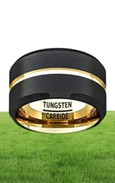 Moda 8mm de tungstênio preto tungstênio anel de ouro ranhura dourada fosco escovado superfície chanfrada borda aliança de casamento conforto fit6572450