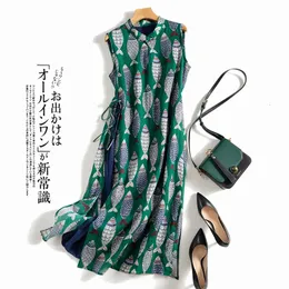 Fish Plaid Print Vintage Cotton Linen Oneck ärmlös Aline Loose Womens Dress Korean Fashion Midcalf Dresses For Women 240412