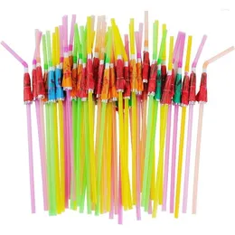 Disposable Cups Straws Tropical Umbrella Mix Color Plastic Drinking Straw For Cocktail Juice Hawaii Beach Party Decoration