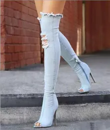 Sexy Boots Women Thigh High Boots Over The Knee High Bottes Peep Toe Pumps Hole Blue Heels Zipper Denim Jeans Shoes Botas Mujer5306572