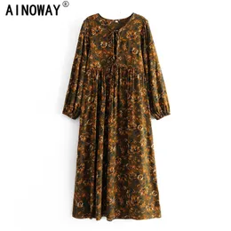 Boho Vintage women long sleeve ethnic Floral print beach Bohemian Maxi dress Ladies tie neck rayon cotton Summer sundress 240412