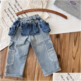 Jeans DD Style Kids Stripe meninas Carta Carta de bolso impresso de jeans de jeans de jeans de crianças calças elásticas da cintura de cowboy mole Z7659 Oteay