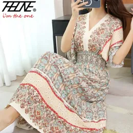 Long Womens Dress Boho Ethnic Bohemian Beach Cotton Blend Artificial Floral Short Sleeve Vneck Vintage Vacation Vestidos Robe 240412