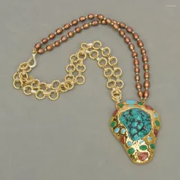Pendant Necklaces G-G 20'' Natural Coffee Rice Pearl Fashion Chain Necklace Green Turquoise Rough Nugget Red Jade Paved
