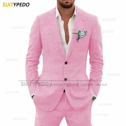 Casual Linen Suit Set For Men Wedding Party Tailormade Fashion Notch Lapel Outfits Holiday Slim Fit Male Blazer Pants 2 Pieces 240412