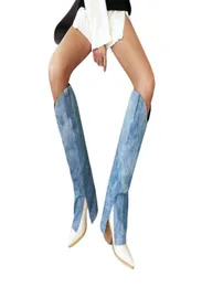Blå denim jean stövlar för kvinnor knähögbyxor botas slits klippta långa cowboy stövlar mode damer med häl överdimensionerade skor 43 T227171135