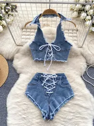 Singreiny Drawstring Denim Sexig tvåstycken Set Backless Halter Tank Top Hollow Out Shorts Streetwear Summer Beach Suit 240412