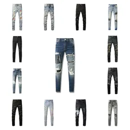 Jeans Designer Mens Purple High Street Hole Star Patch masculino Painel de Bordado de Estrela Estrela Estrea calça de calça de ajuste fino Amirirs jeans rasgados 888Ss