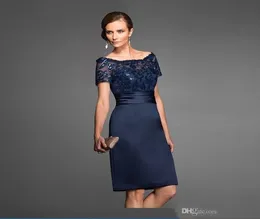 Navy Blue Mother of the Bride Dresses Bateau Lace Wedding Party Cowns Short Women Women Evening Dress Sequin Lene Knee Prom Gow7039472