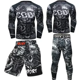 Spodnie zupełnie nowi mężczyźni T koszule+spodnie dres 3D nadruk ciasny skóra sprężanie sportowe gym MMA Rashguard Top BJJ Fitness Zestaw treningowy