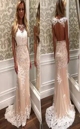 Ny stil rygglös spets sjöjungfru bröllopsklänning mössa ärm elfenben champagne sexig öppen rygg klänning vestido de noiva mantel de mariage high8355848