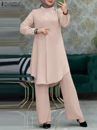 Pants ZANZEA Turkish Blouse Suit Eid Abaya Set Casual Long Sleeve Blouse Wide Leg Pants Suits lsamic Clothing Muslim Two Pieces Sets