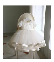 Beaded Baby Girl Dresses Newborn 1st Birthday Dress Layed Tulle Bow Little Girl Party Dress Spädbarn Baptism Dop Gown5322253