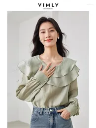 Women's Blouses Vimly Spring Elegant French Style Chiffon Shirt 2024 Double Ruffles Blouse Light Green Long Sleeve Top Female M3961